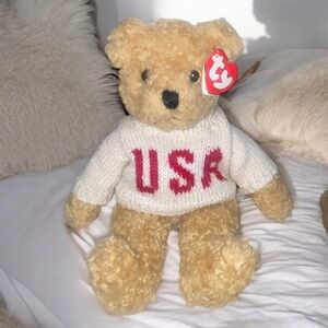 Ty Baby Curly Plush Bear USA Sweater 11” With Tag 1992